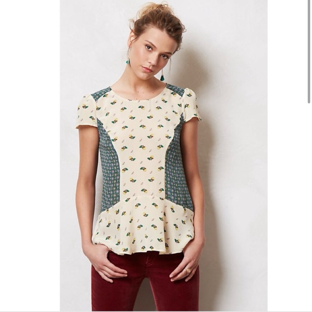 Maeve Anthropologie 100% Silk Acorn Peplum Blouse, 0